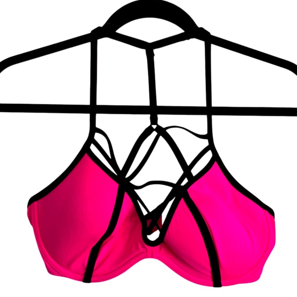 PINK Victoria’s Secret Fluorescent Pink & Black Bikini Top